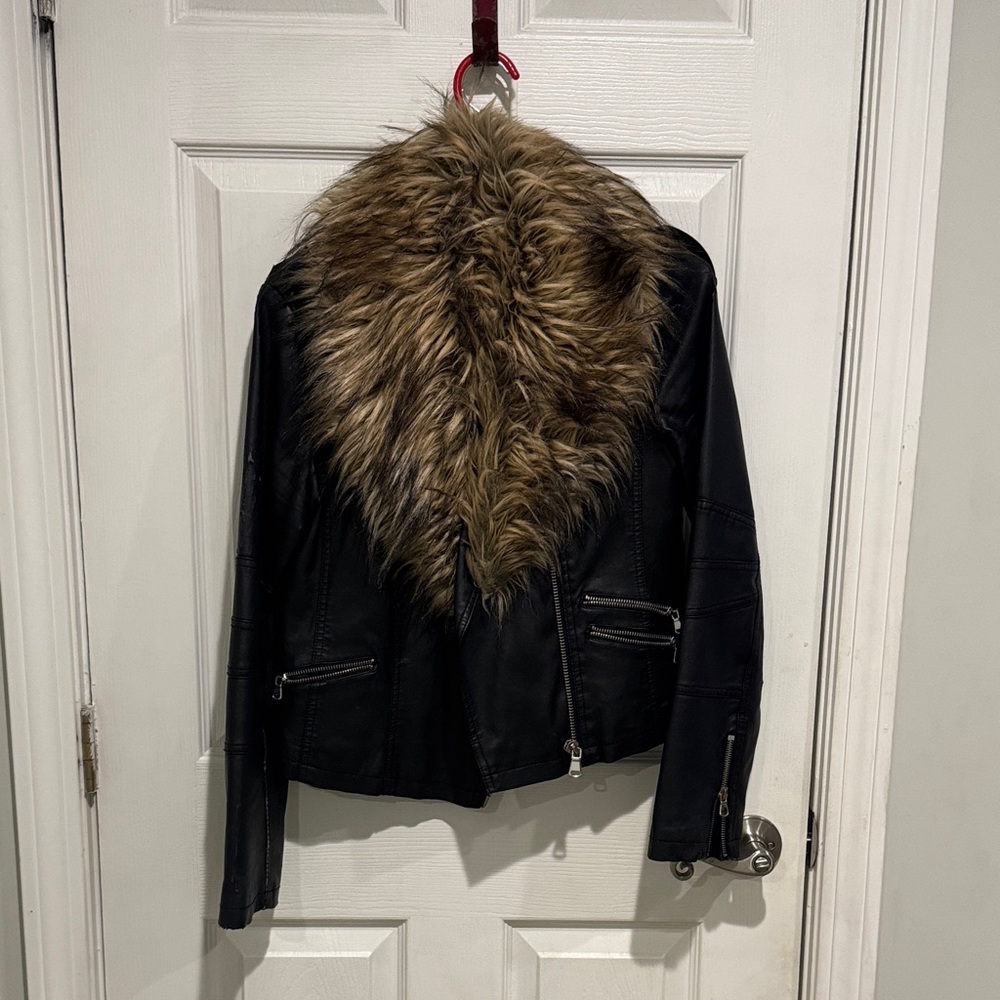 Forever 21 Black Leather Jacket with Brown Faux Fur
